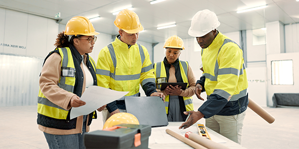team of four workers looking at plans on a construction site