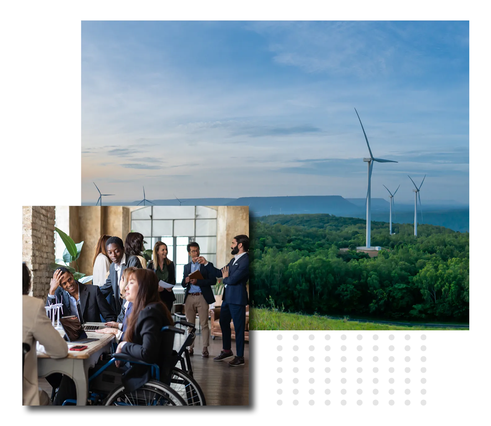 esg introduction omage. small image left of people working and right image in the background is of electric windfarm