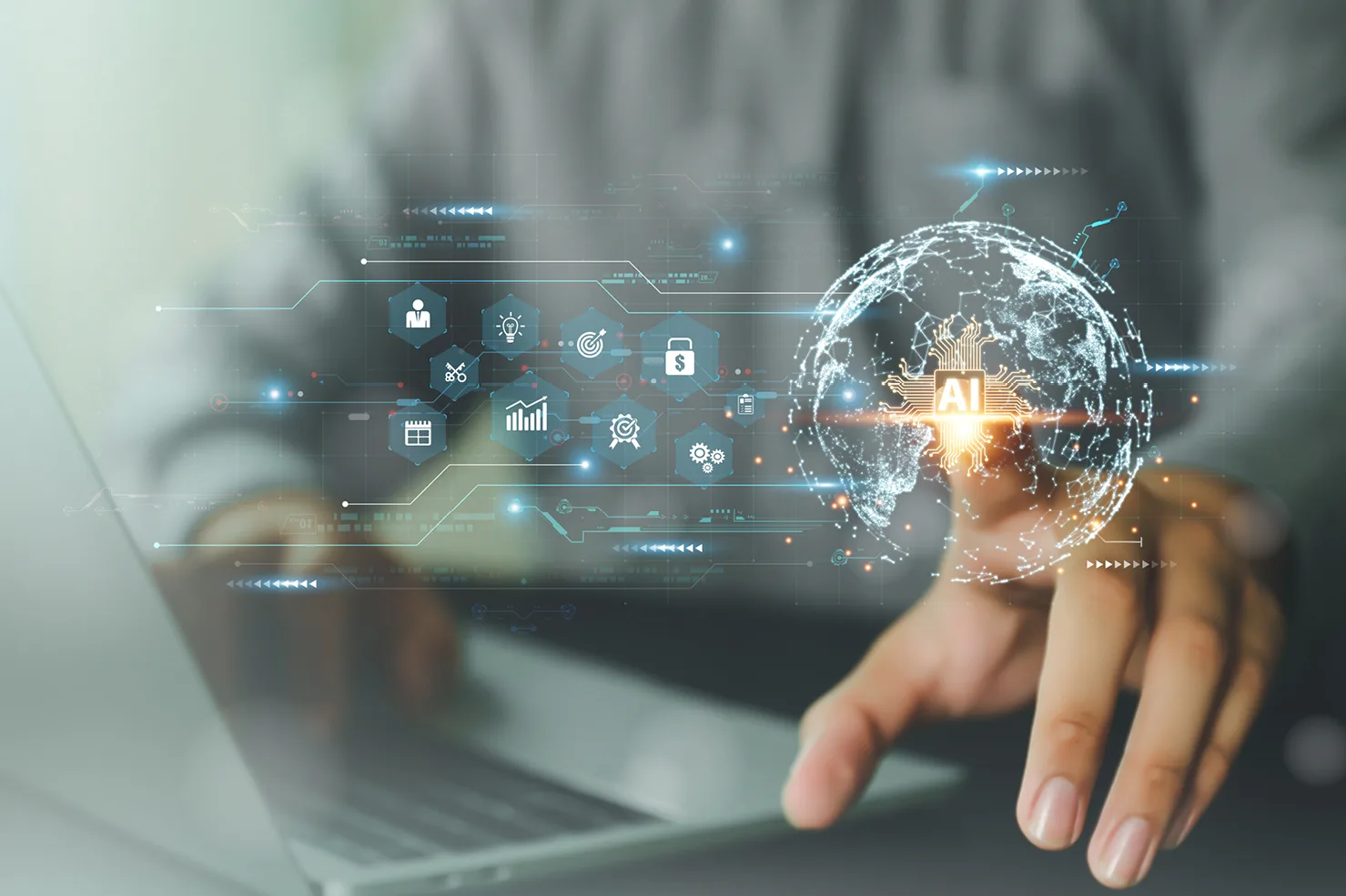 Power of AI power of AI, person in grey shirt pointing finger at the user with overlay of graphics